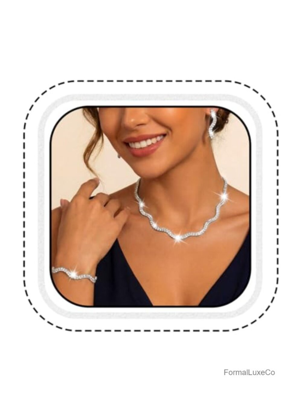 Silver Rhinestone Jewelry Set for Women - Bridal Wedding Necklace Earrings